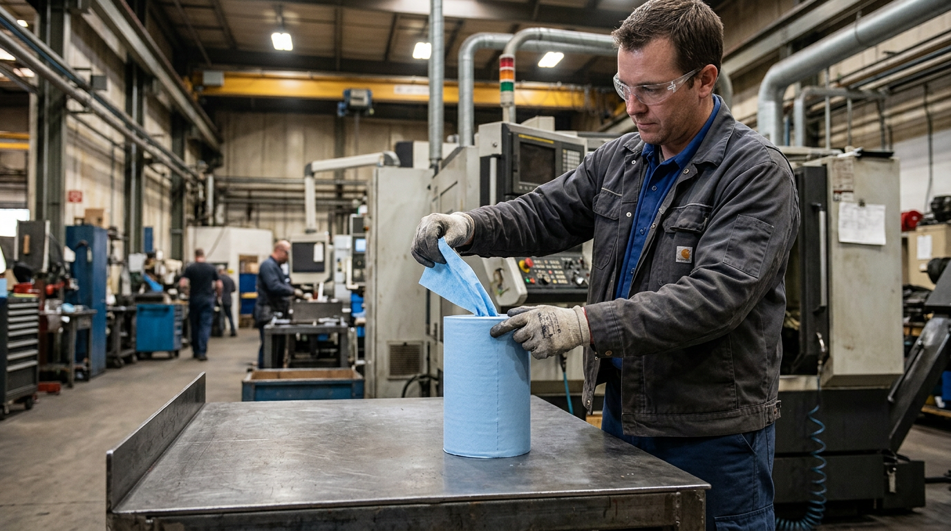 Wiping down industrial machinery with a blue shop towel